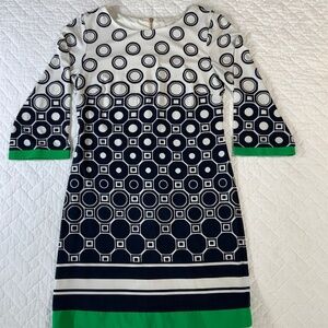 Eliza J Women’s Dress Size 0P Navy White Green Geometric Print 3/4 Sleeve (G13)